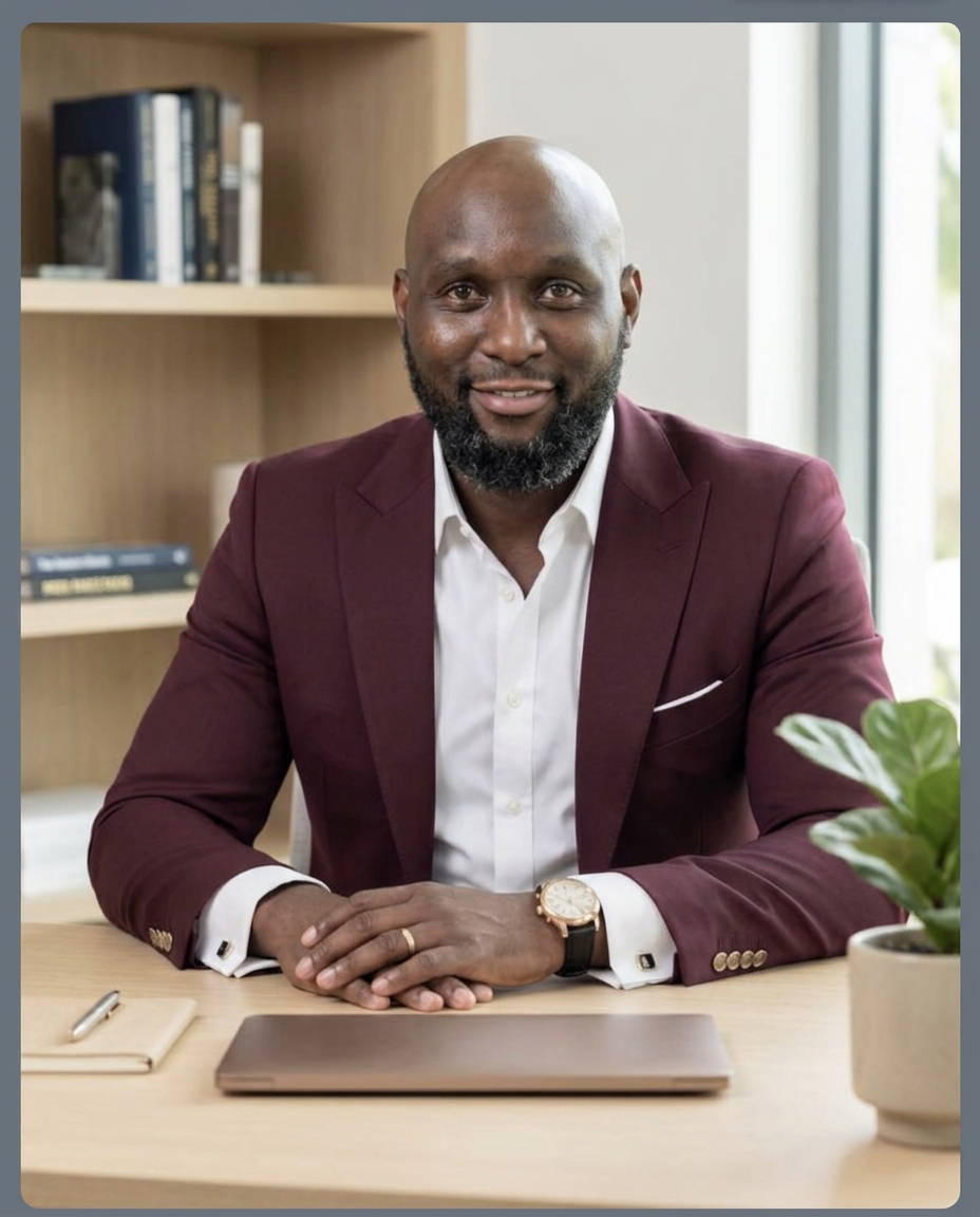 A smiling Mbire Legends team member in a burgundy suit seated at a tidy office desk with a closed laptop and a notebook