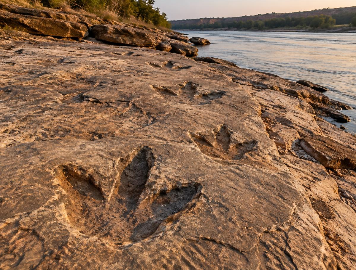 Illustrative dinosaur footprints in weathered rock beside a river